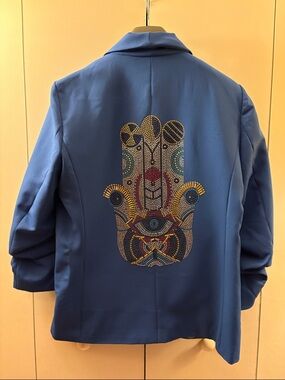 NWT Open Front Blue Blazer Embellished Back Design